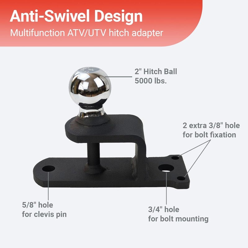 REDTEE 3-Way ATV/UTV Trailer Hitch Adapter with 2-Inch Ball, 3500 lbs., 3-in-1 Mounting Options, Compatible with Golf Carts, Garden Tractors, Lawn Mowers, 2 inch Rise, Matt Black - Image 2